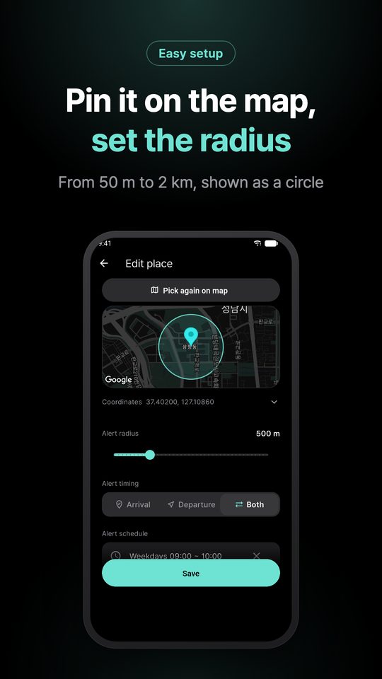 Pin it on the map, set the radius — From 50 m to 2 km, shown as a circle