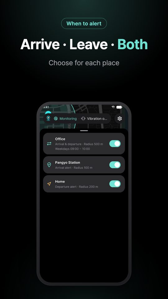 Arrive · Leave · Both — Choose for each place