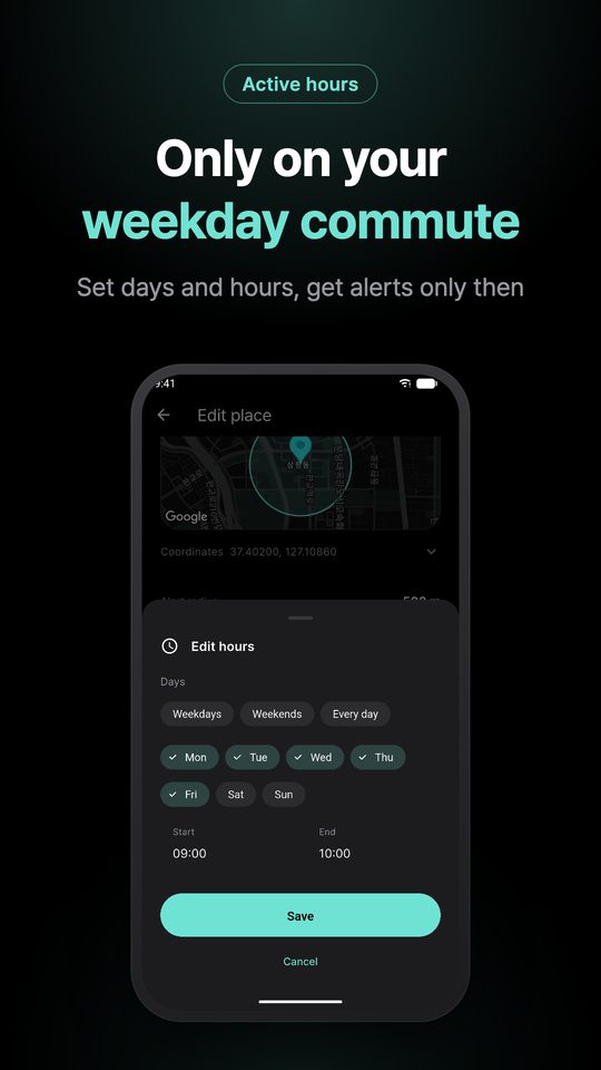 Only on your weekday commute — Set days and hours, get alerts only then