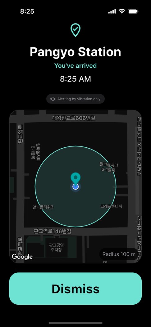 Arrival alert screen showing the place name, arrival time, a nearby map and a large dismiss button.
