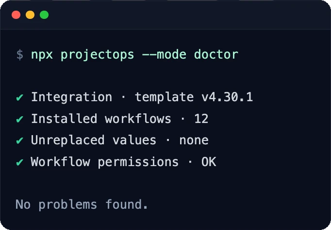 npx projectops --mode doctor output